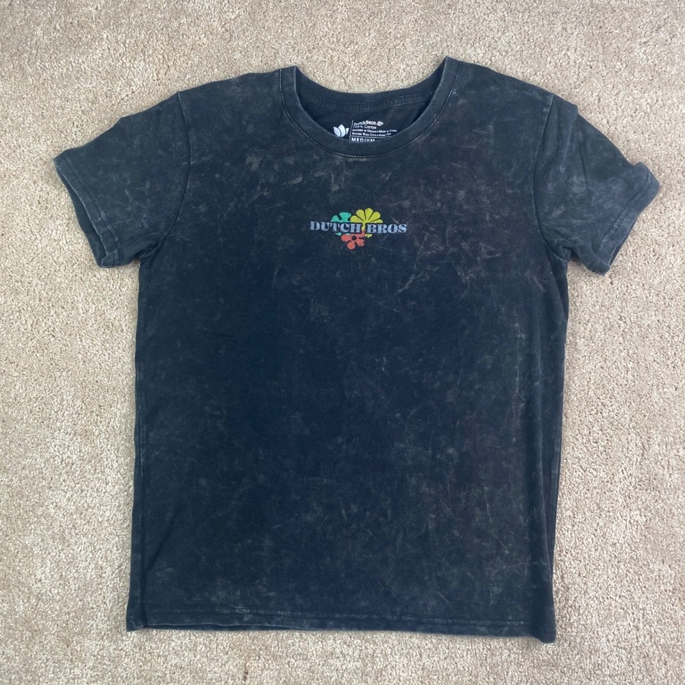 Dutch Bros Coffee Acid Wash Graphic Tee Black Floral Windmill Shirt Women Medium
